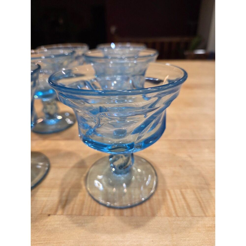 Vintage Ice Blue Swirl Glass Sherbet Footed Sundae Dishes Set of 6